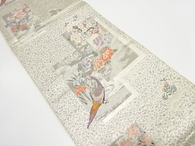 アンティーク　プラチナ箔　短冊屏風絵巻織り出し袋帯（材料）